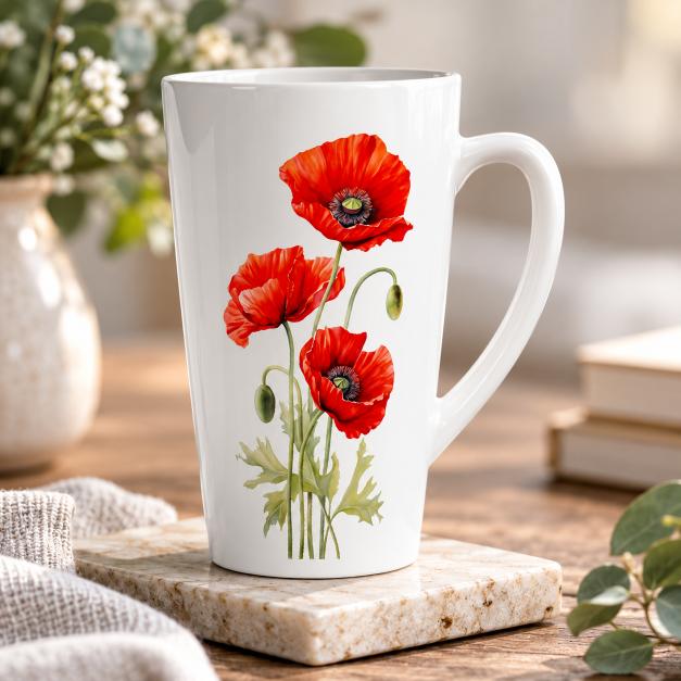Red Poppy Latte Mug – 17oz Ceramic Floral Coffee Cup