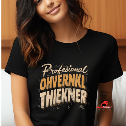 Person wearing a black t-shirt with text design, sitting on a white couch.