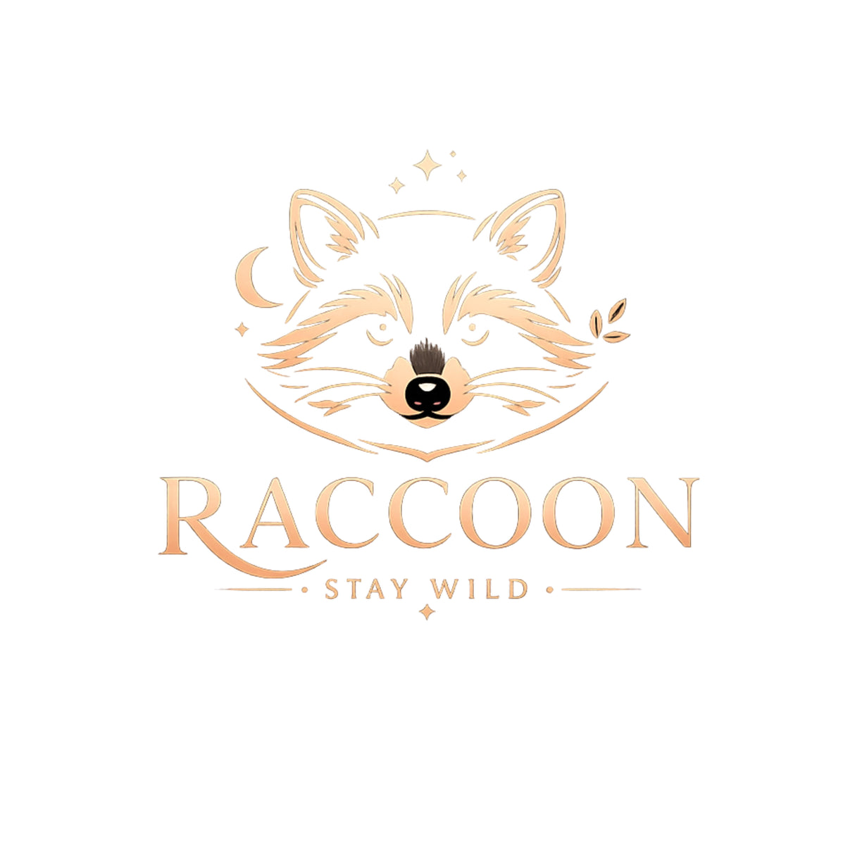 A minimalist raccoon logo design featuring a stylized raccoon face in warm peach and gold tones with the text 'RACCOON' and 'STAY WILD' below, centered on a plain white background.