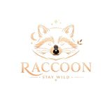A minimalist raccoon logo design featuring a stylized raccoon face in warm peach and gold tones with the text 'RACCOON' and 'STAY WILD' below, centered on a plain white background.