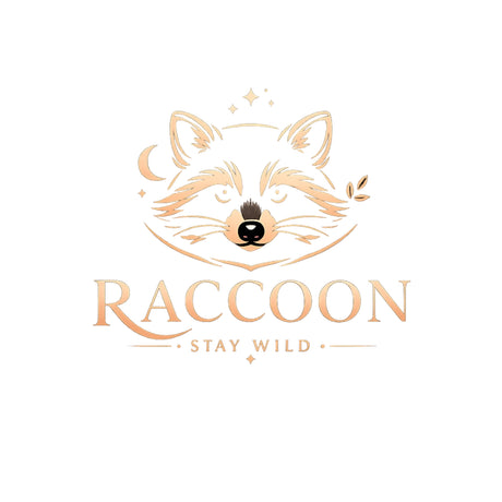 A minimalist raccoon logo design featuring a stylized raccoon face in warm peach and gold tones with the text 'RACCOON' and 'STAY WILD' below, centered on a plain white background.