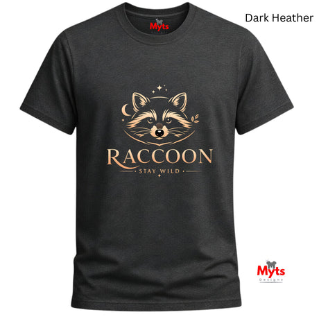 A dark heather charcoal gray t-shirt with a graphic of a raccoon's face and the text 'RACCOON STAY WILD' in a metallic gold tone. The brand name 'Myts' is visible on the inner neck label and as a watermark logo in the bottom right corner.