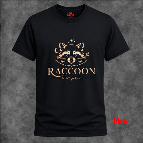 A black short-sleeve crewneck t-shirt with a gold graphic of a raccoon's face and the text 'RACCOON STAY WILD' on the front, displayed against a textured gray background.