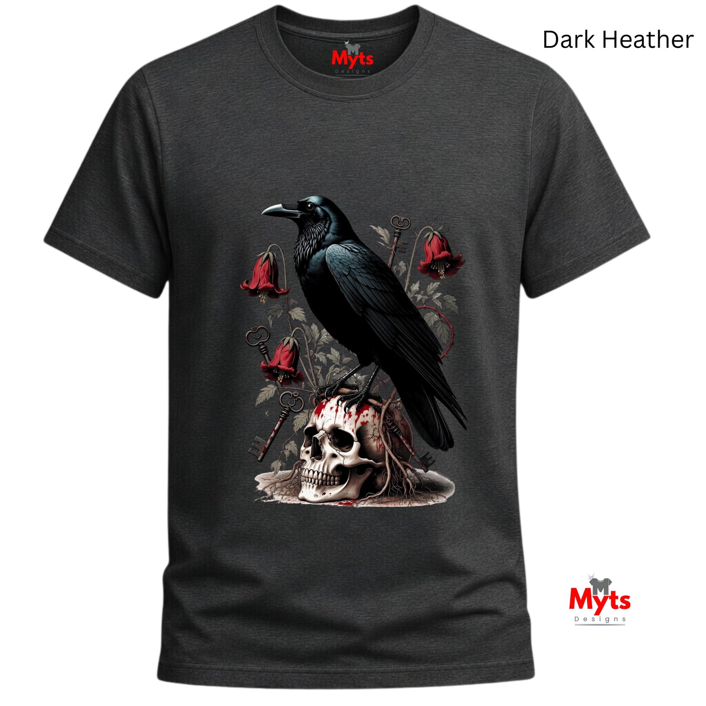 A dark heather gray t-shirt featuring a graphic print of a black raven perched on a skull with red roses and a dagger. The t-shirt is shown against a plain white background with 'Myts' brand logos visible on the inner neck and bottom right corner.