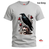 An ice grey short-sleeve t-shirt featuring a gothic graphic print of a black raven perched on a skull with red roses and keys. The text 'Ice Grey' is displayed in the top right corner, and the 'Myts' brand logo is visible on the inner neck label and as a watermark.