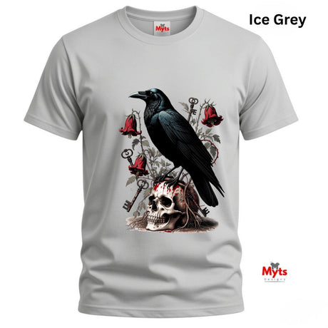 An ice grey short-sleeve t-shirt featuring a gothic graphic print of a black raven perched on a skull with red roses and keys. The text 'Ice Grey' is displayed in the top right corner, and the 'Myts' brand logo is visible on the inner neck label and as a watermark.