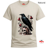 A Natural crewneck t-shirt with a graphic print of a black raven perched on a skull, surrounded by red roses, keys, and bones. The text 'Natural' is printed in black in the top right corner, and the brand logo 'Myts' is visible on the inner neck label and as a watermark in the bottom right corner.