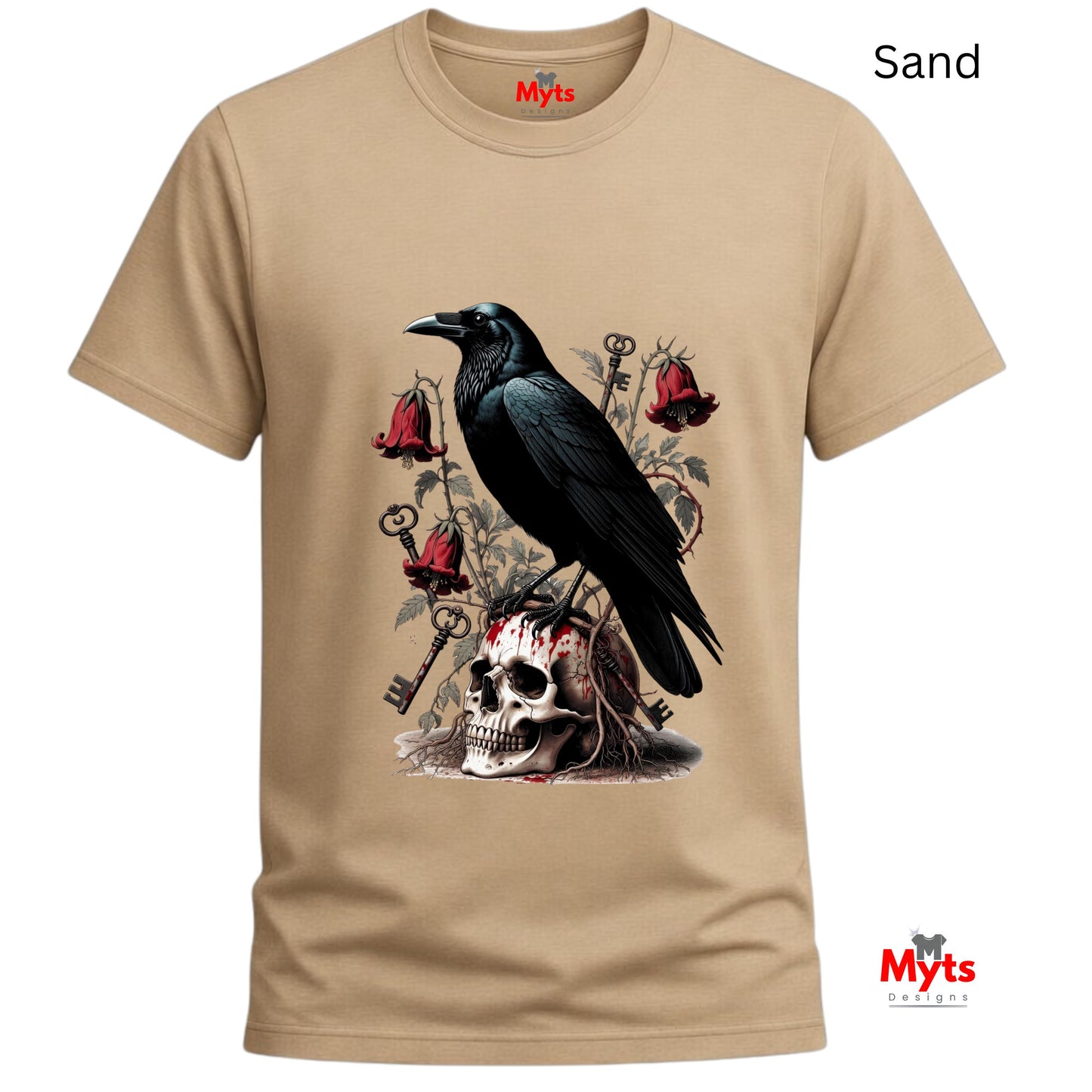 A Sand crewneck t-shirt with a graphic print of a black raven perched on a skull, surrounded by red bells and keys. The shirt is displayed on a white background with a 'Sand' label in the top right and a 'Myts' brand logo in the bottom right corner.