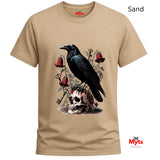 A Sand crewneck t-shirt with a graphic print of a black raven perched on a skull, surrounded by red bells and keys. The shirt is displayed on a white background with a 'Sand' label in the top right and a 'Myts' brand logo in the bottom right corner.