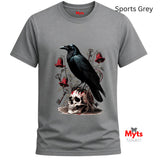 A gray short-sleeve t-shirt with a graphic print of a black raven perched on a skull, surrounded by red bells and keys. The shirt is shown on a white background with 'Myts' branding and 'Sports Grey' text overlays.