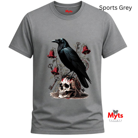 A gray short-sleeve t-shirt with a graphic print of a black raven perched on a skull, surrounded by red bells and keys. The shirt is shown on a white background with 'Myts' branding and 'Sports Grey' text overlays.