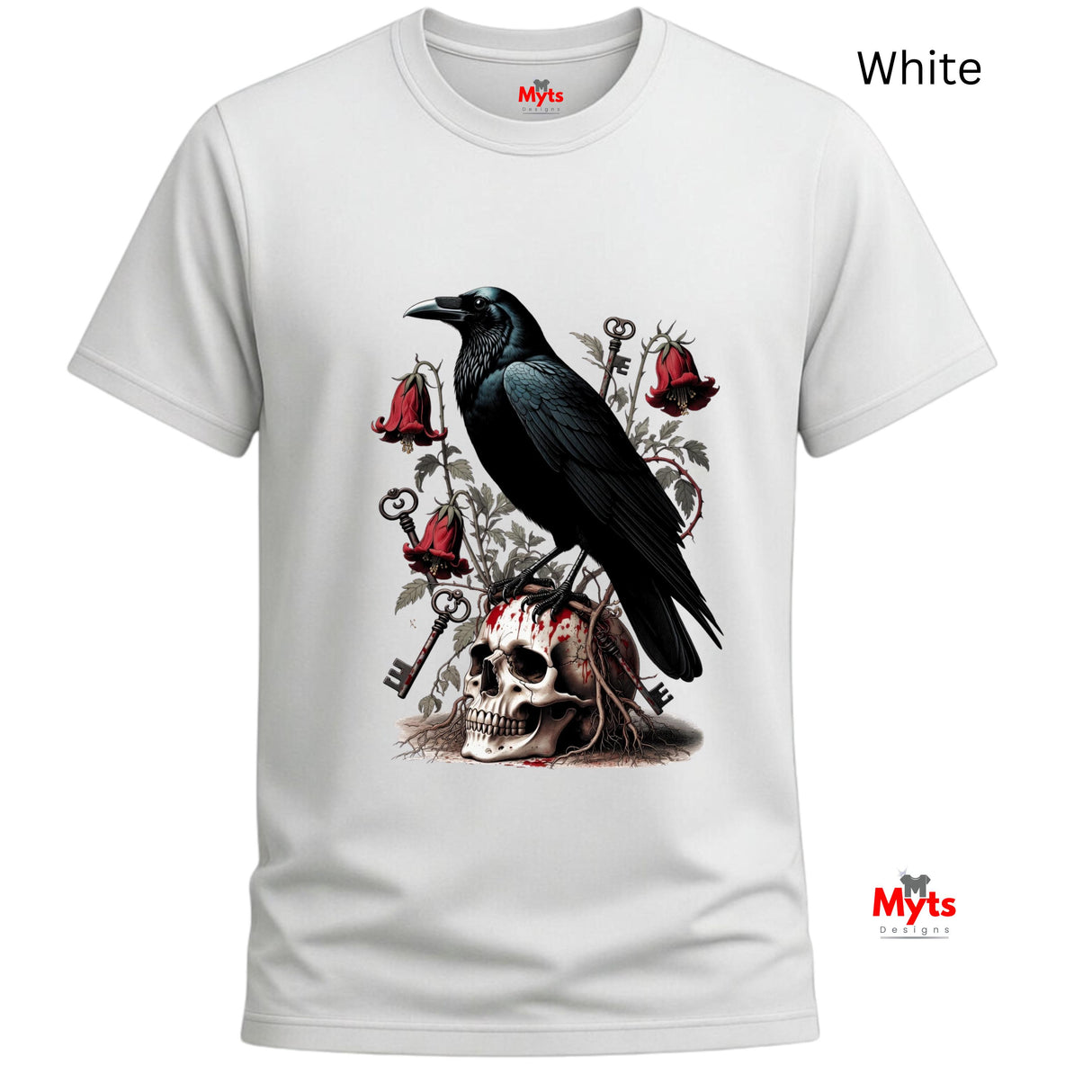 A white short-sleeve crewneck t-shirt featuring a gothic-style graphic print of a black raven perched on a skull, surrounded by red bellflowers and keys. The text 'White' is displayed in the top right corner, and the brand logo 'Myts' is visible on the inner neck label and as a watermark.