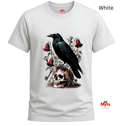 A white short-sleeve crewneck t-shirt featuring a gothic-style graphic print of a black raven perched on a skull, surrounded by red bellflowers and keys. The text 'White' is displayed in the top right corner, and the brand logo 'Myts' is visible on the inner neck label and as a watermark.