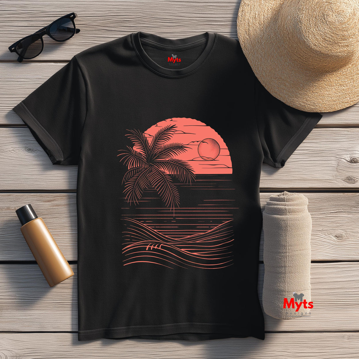 Black t-shirt with a red palm tree and sunset design, placed on a wooden surface with a hat, sunglasses, and bottle.
