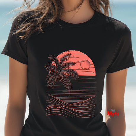 Black t-shirt with a pink palm tree and sunset design on a blurred beach background