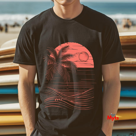 Person wearing a black t-shirt with a red palm tree and sunset design, standing in front of stacked surfboards on a beach.