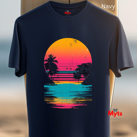 Navy t-shirt with a colorful sunset design featuring palm trees on a blurred beach background.
