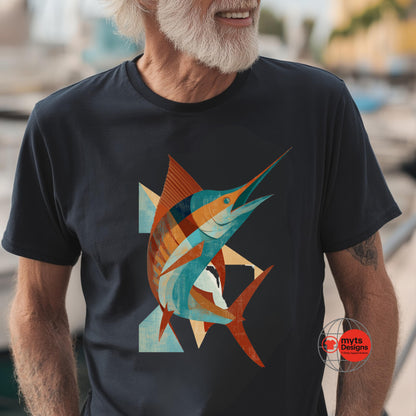 Man wearing a black t-shirt with a colorful fish design, standing outdoors.