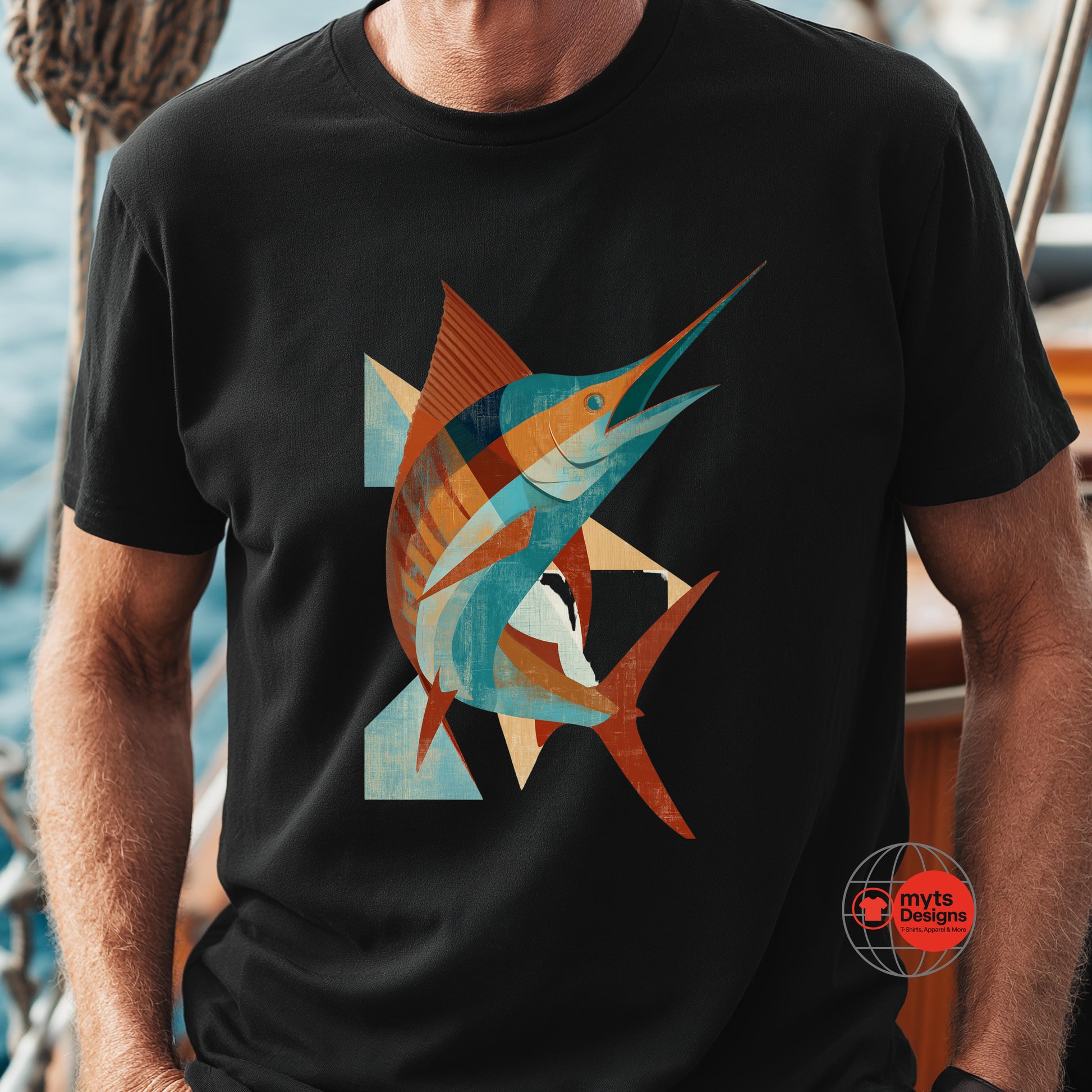 Person wearing a black t-shirt with a colorful fish design on a boat.