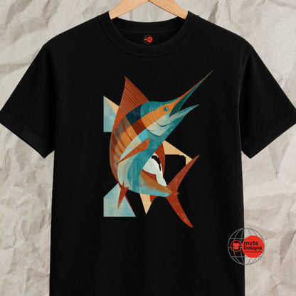Black t-shirt with a colorful fish design on a textured gray background