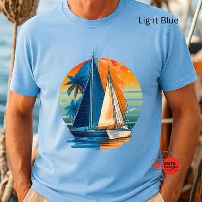Light blue t-shirt with a sailboat graphic on a person wearing it.