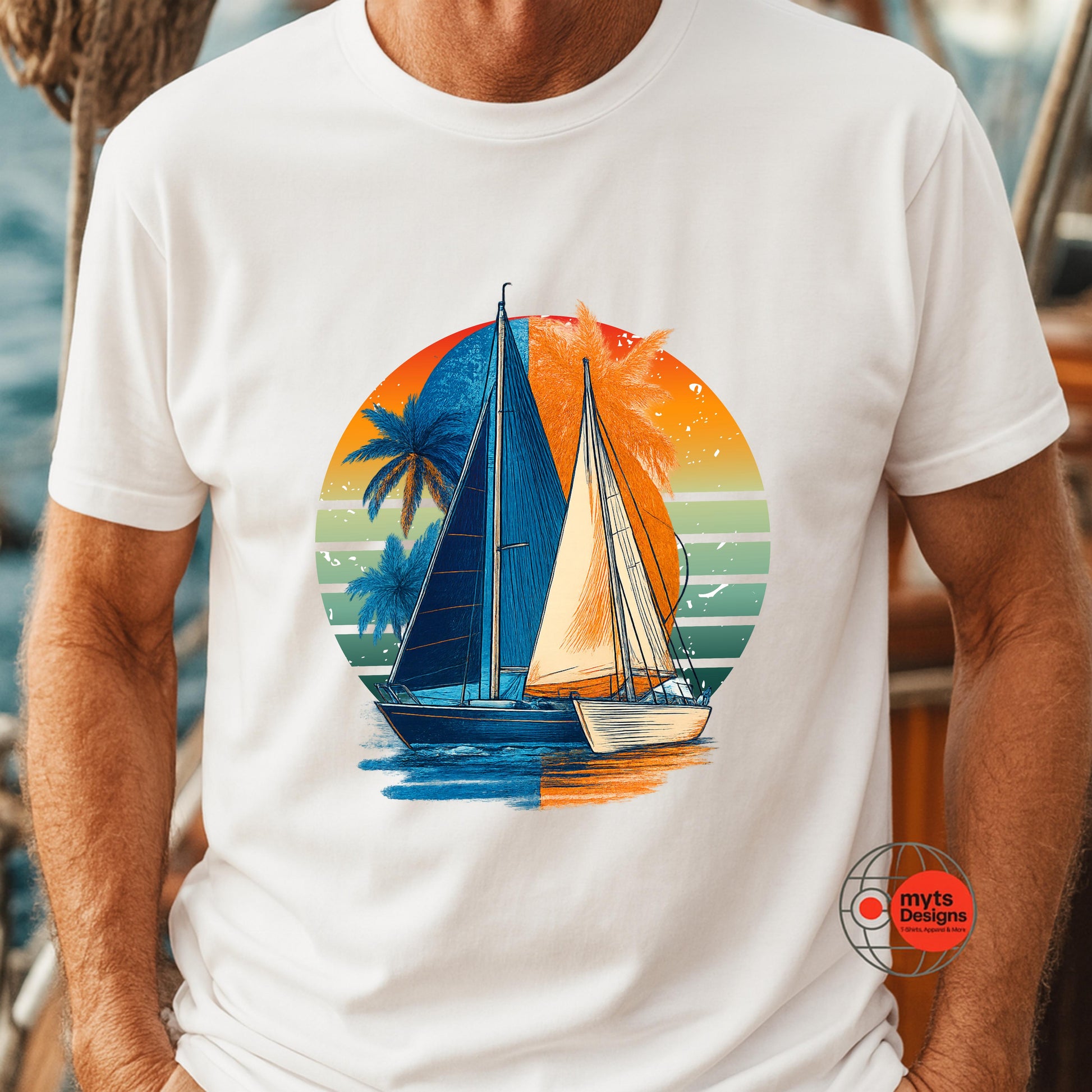 White t-shirt with a sailboat and sunset design, worn by a person.