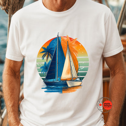 White t-shirt with a sailboat and sunset design, worn by a person.