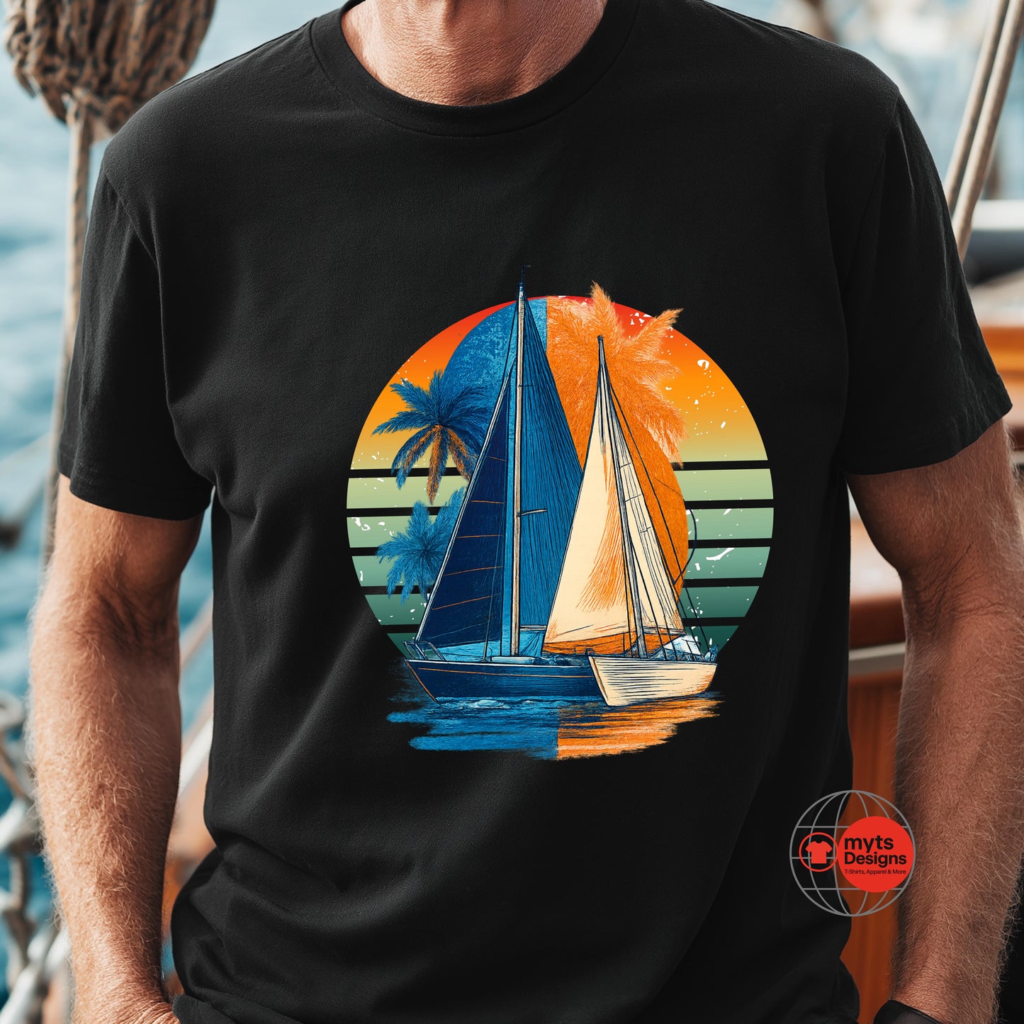 Person wearing a black t-shirt with a sailboat and palm tree design.