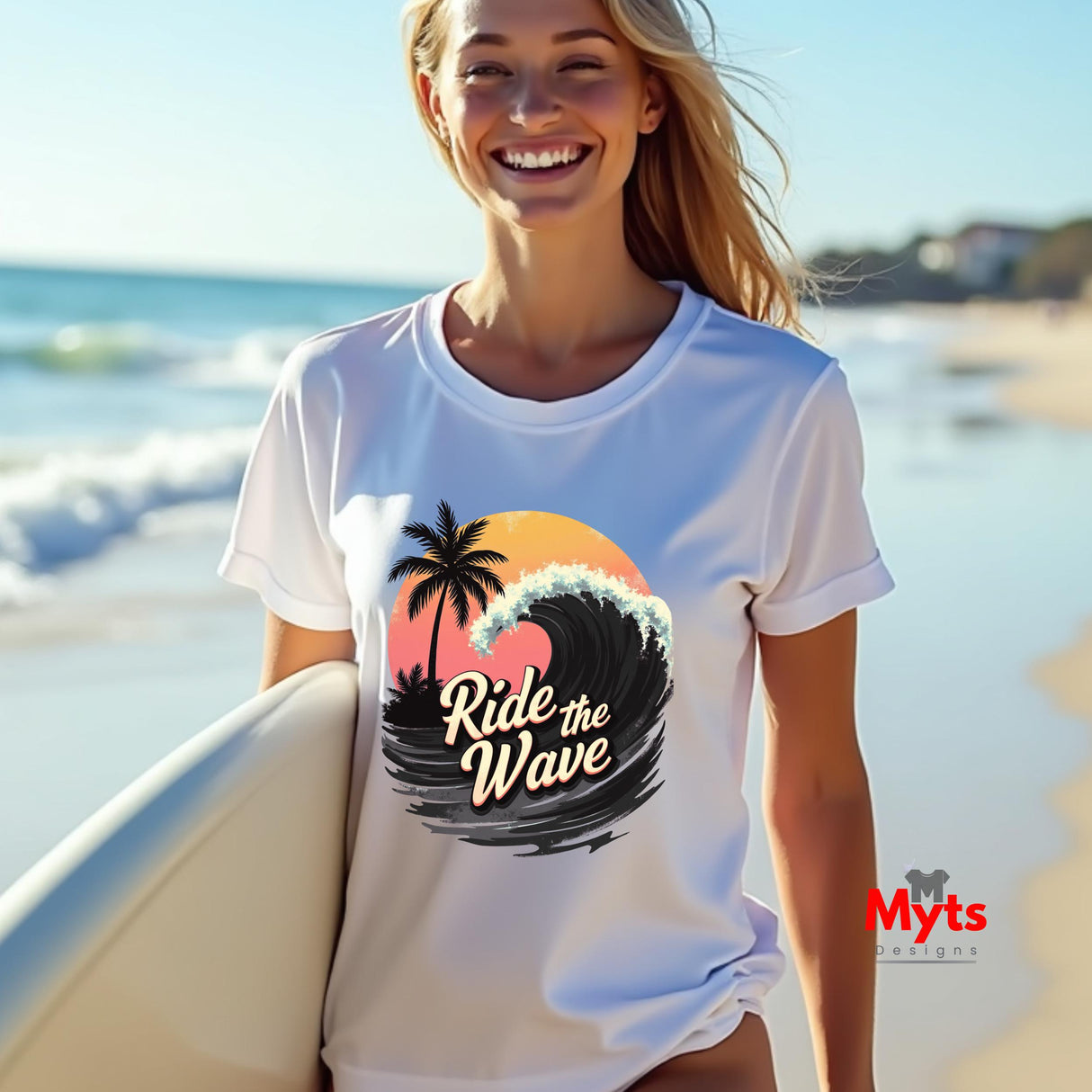 Woman wearing a white t-shirt with a wave design and 'Ride the Wave' text, standing on a beach.