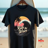 Black t-shirt with 'Ride the Wave' design on a surfboard against a beach background