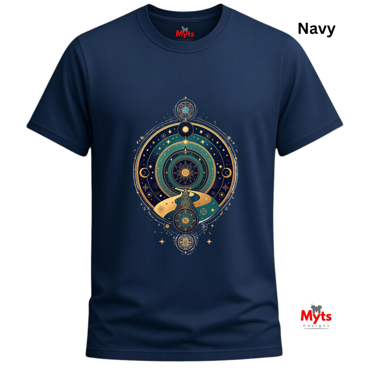 Navy blue t-shirt with celestial design and 'Myts' branding on a white background