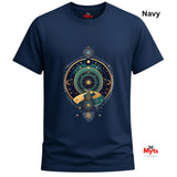 Navy blue t-shirt with celestial design and 'Myts' branding on a white background