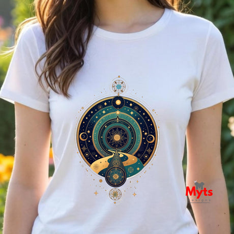 White t-shirt with a celestial design worn by a person outdoors
