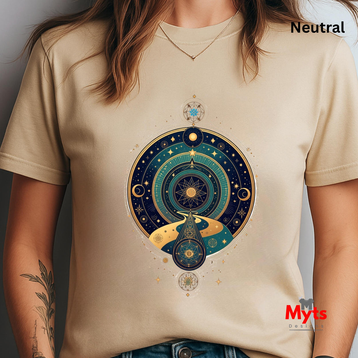 Natural t-shirt with a celestial design worn by a person, brand 'Myts' visible.