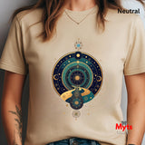 Natural t-shirt with a celestial design worn by a person, brand 'Myts' visible.