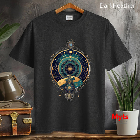 Dark Heather t-shirt with a celestial design on a wooden surface with plants and a suitcase.