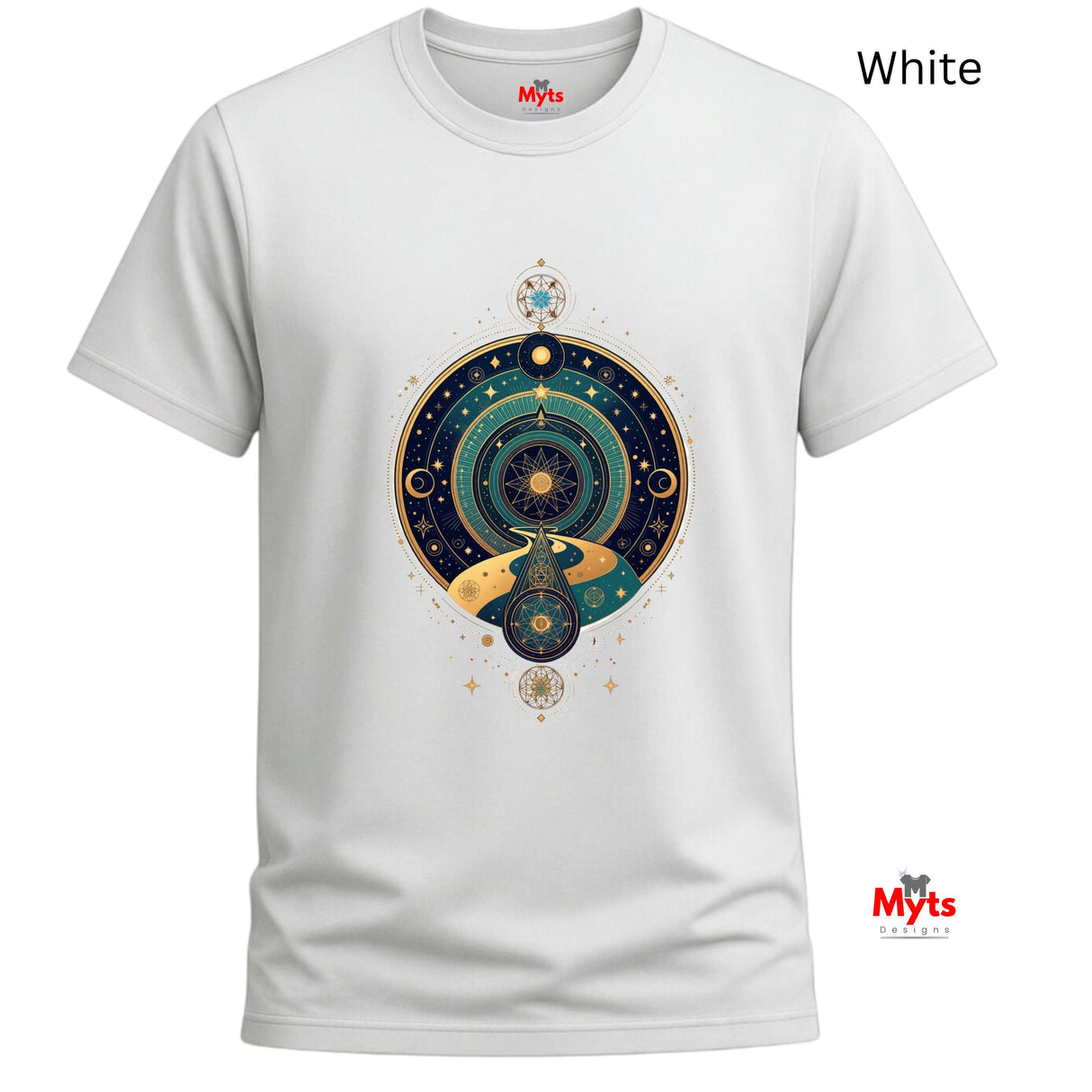 White t-shirt with celestial design and 'Myts' branding on a white background
