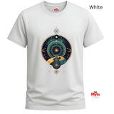 White t-shirt with celestial design and 'Myts' branding on a white background