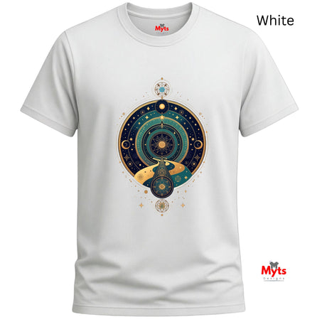 White t-shirt with celestial design and 'Myts' branding on a white background