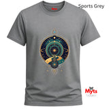 Gray t-shirt with celestial design and 'Myts' branding on a white background
