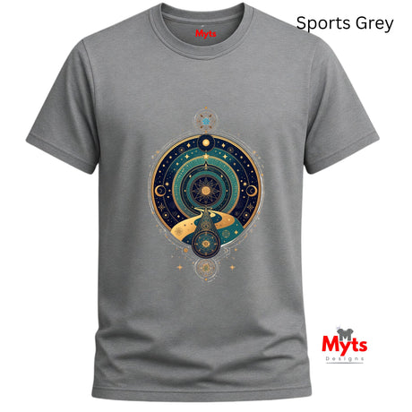 Gray t-shirt with celestial design and 'Myts' branding on a white background
