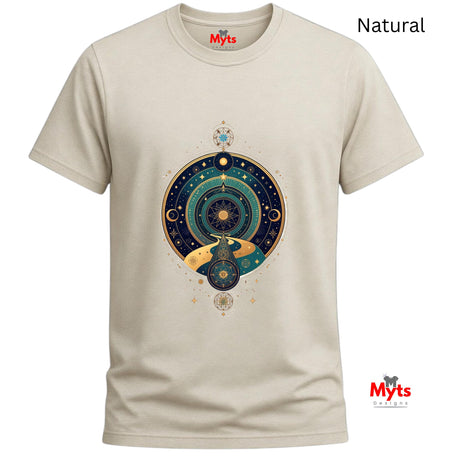 Natural t-shirt with celestial design and 'Myts' branding on a white background