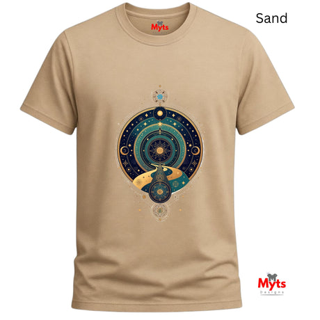Sand t-shirt with a celestial design and 'Myts' branding on a white background