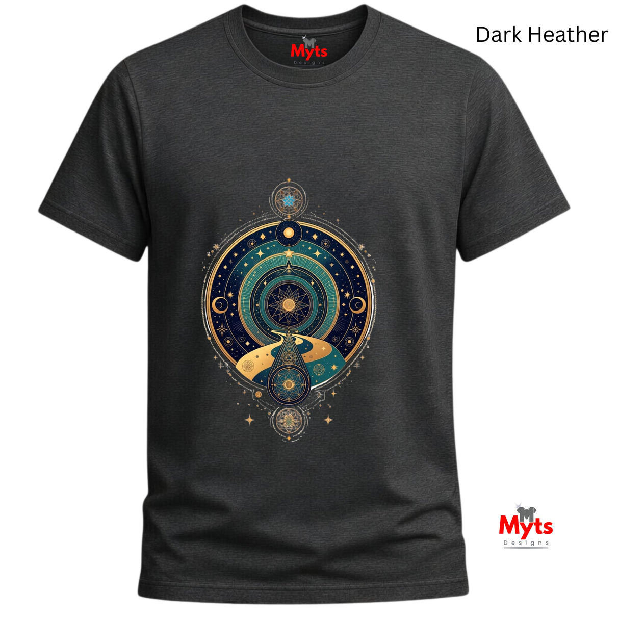 Dark Heather t-shirt with celestial design and 'Myts' branding on a white background