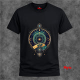 Black t-shirt with celestial design on a textured gray background