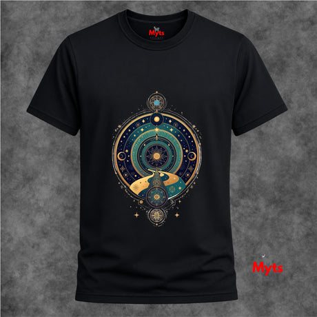 Black t-shirt with celestial design on a textured gray background