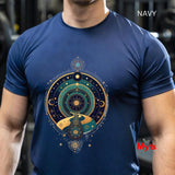 Person wearing a navy blue t-shirt with a celestial design, brand 'Myts' visible.