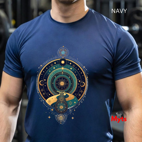 Person wearing a navy blue t-shirt with a celestial design, brand 'Myts' visible.