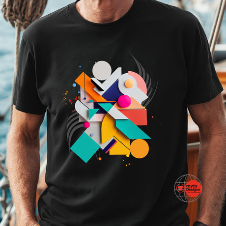 Modern geometric abstract T-shirt featuring colorful minimalist shapes printed on black cotton tee