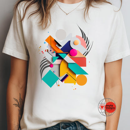 Modern geometric abstract T-shirt featuring colorful minimalist shapes printed on white cotton tee